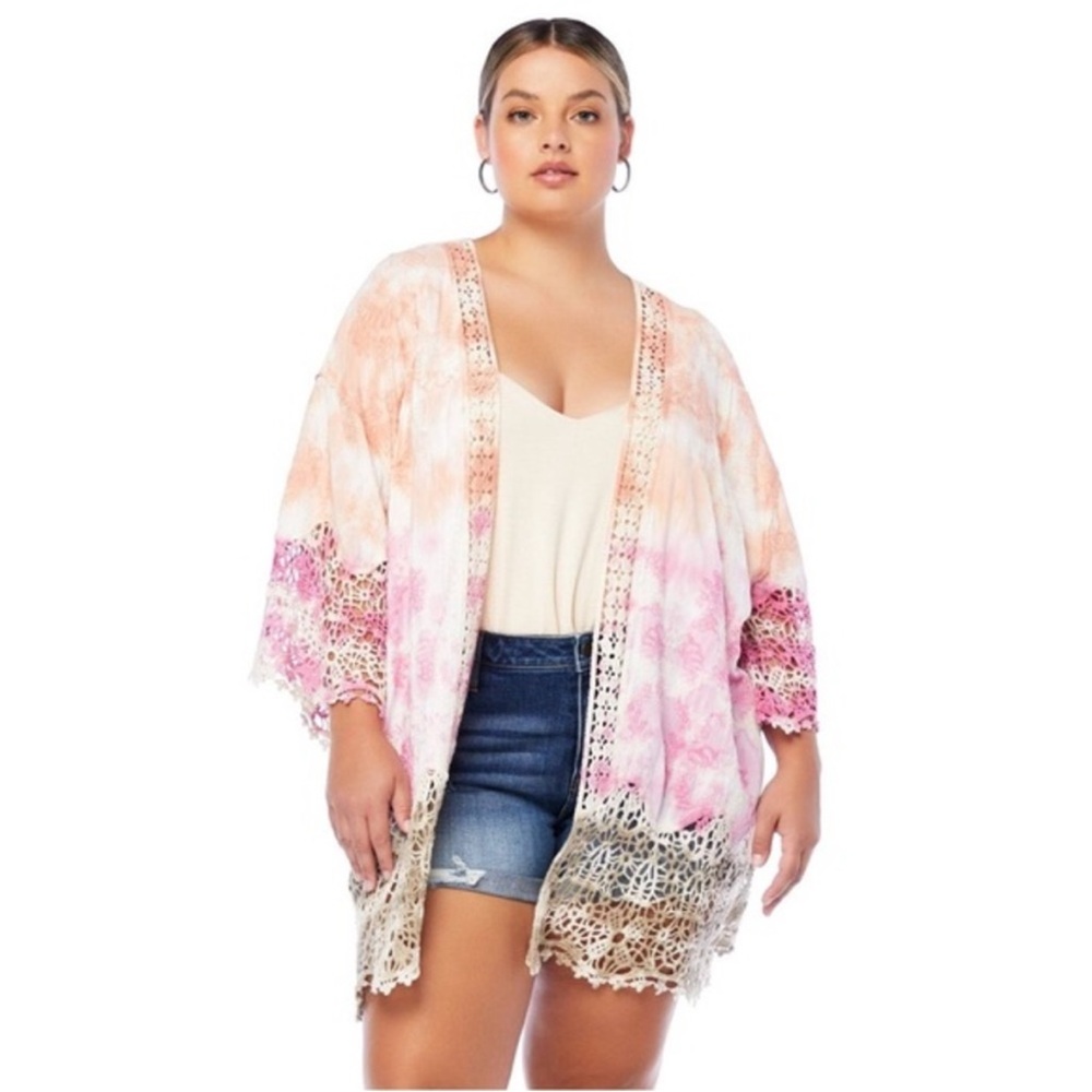 NWT Democracy Tie-Dye Crochet Lace Kimono Cover Up Pink Peach Boho Size XL